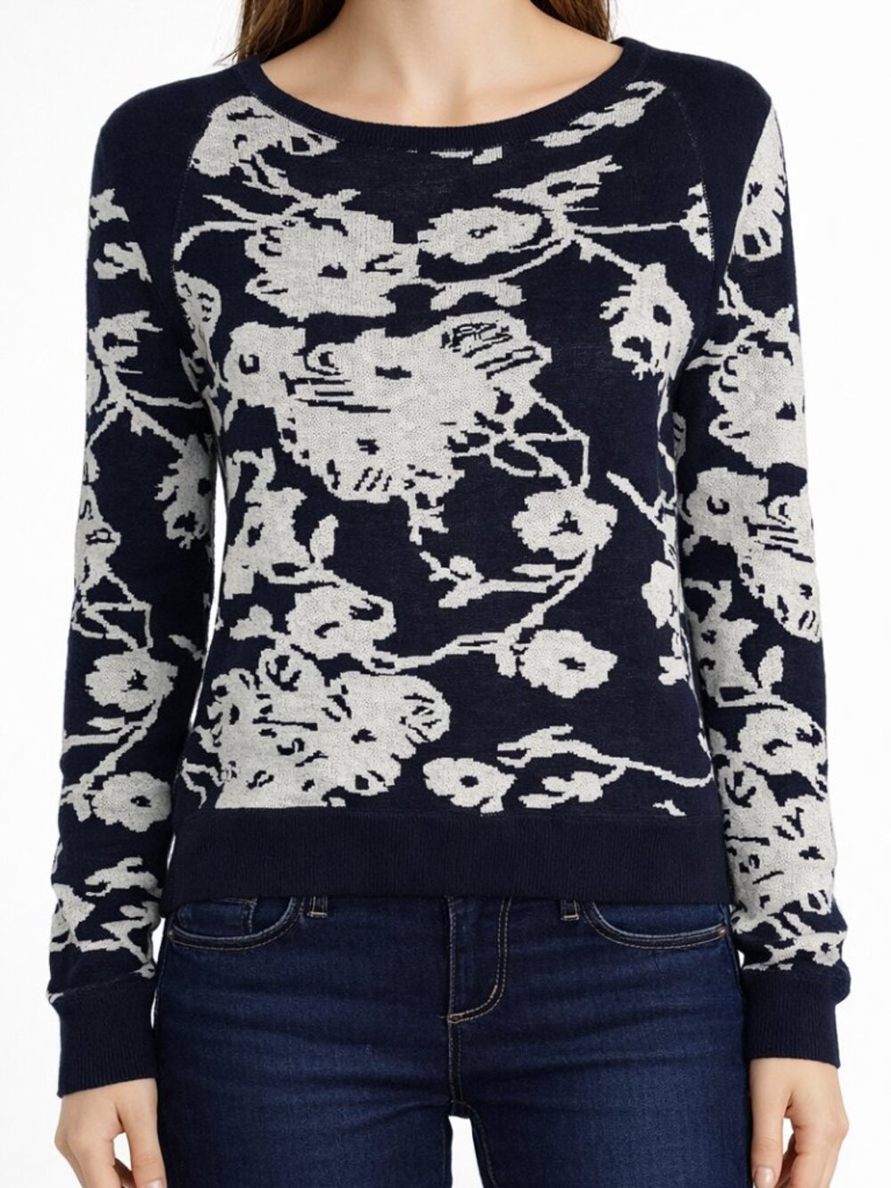 Joan Vass NWT Indigo Floral Boat Neck 100% Cotton Sweater Sz 0 Side Zip $144
